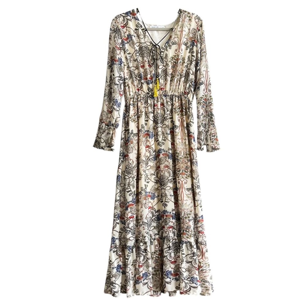 Fraiche by J Brown/Ivory Multi Jacobian Floral Bell Sleeve Bohemian Maxi Dress L